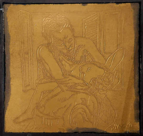 Ugo Attardi (Genova, 1923 - Roma, 2006), Madre con bambino, serigrafia su argento 925, firmato in basso a destra, esemplare 837/2000, cm 6,5x6,5