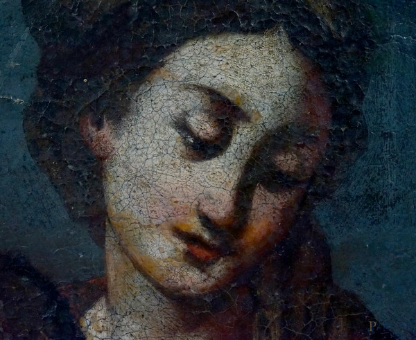 Scuola del XVIII secolo, Sacra Famiglia con il serpente, olio su tela, cm 70,5x52,5, entro cornic...