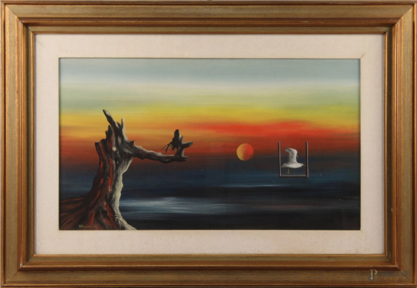 Paesaggio surrealista, olio su tela 40x70, firmato P.Riccioni, entro cornice.