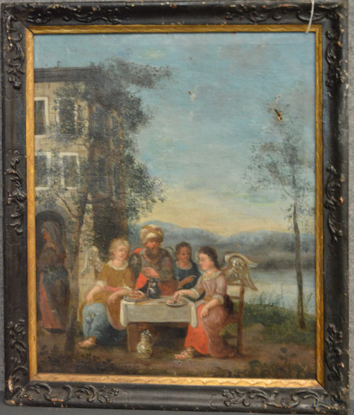 Scena biblica, olio su tela cm 48x38 cm, entro cornice XVIII sec.