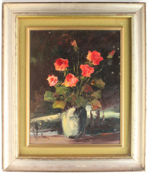 Natura morta vaso con rose, scuola veneta del XX sec, ad olio su tela, 54x40,  firmato Paolini Paolo, entro cornice.
