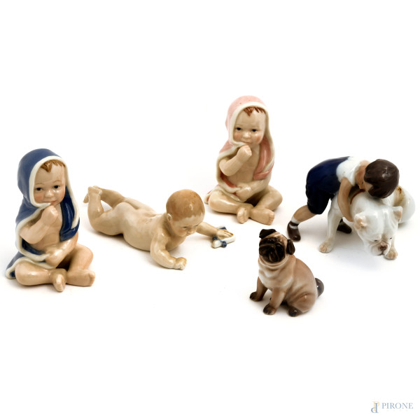Lotto composto da 5 sculture in porcellana Royal Copenaghen, misure massime 11,5x14, (difetti)