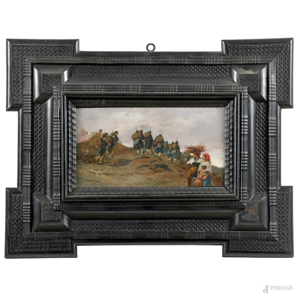 Soldati e legnaiole, XIX secolo, olio su tavoletta, cm 22x41, entro cornice