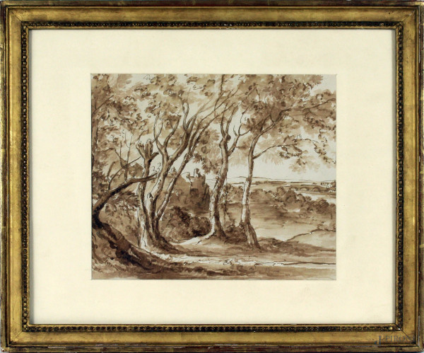 Paesaggio laziale, seppia su carta, cm. 22,5x27, XIX secolo, entro cornice.