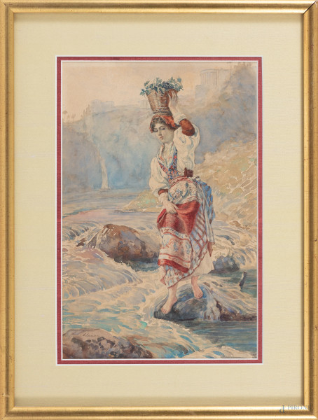 Attraversando il ruscello, XIX-XX secolo, tecnica mista su carta, cm 39,5x29 compreso passepartout, firmato in basso a sinistra, entro cornice, (lievi ondulazioni e brunitura della carta)
