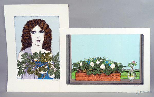 Bruno Caruso - Lotto di 2 prove d'artista a soggetto di volto e cesto di frutta, cm 70x50