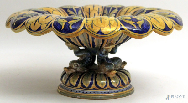 Alzata centrotavola in ceramica Robbia Gualdo tadino, h. 21x44 cm, (lievi difetti).