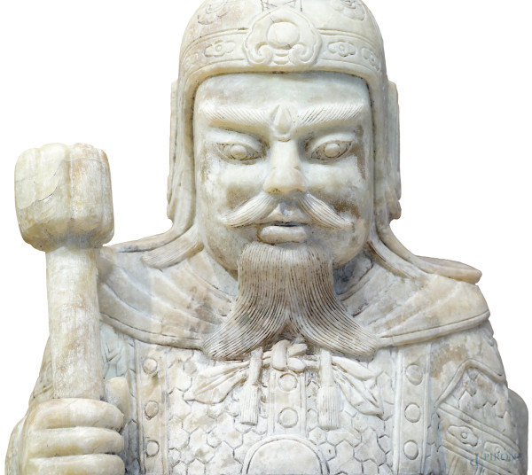 Guerriero, grande scultura in giadeite, arte orientale del XX secolo, cm h 99 circa, (difetti)