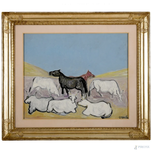GIUSEPPE CESETTI (1902-1990), Cavalli con mucche, olio su tela, firmato in basso a destra, cm 54x65 entro cornice