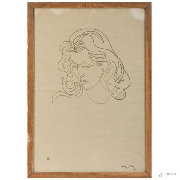 Jan Negulesco (1900-1993),  Volto di donna, pennarello su carta, cm 75x51,5, firmato e datato "56" in basso, entro cornice, (gora, ondulazioni della carta)
