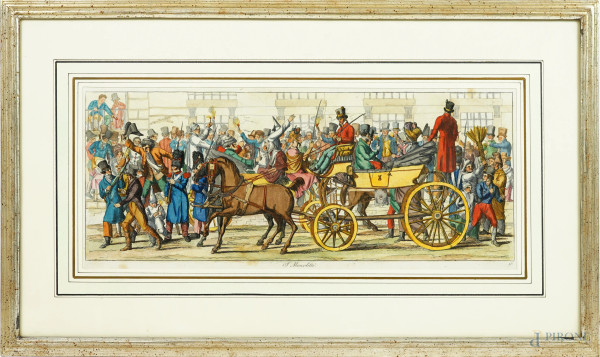 Carl Gustaf Hjalmar Mörner (Stoccolma, 1794 - Parigi, 1837), I Moccoletti, stampa acquerellata, numero 16, da "Il Carnevale di Roma", 1820, misure comprese passepartout cm 35x62, entro cornice