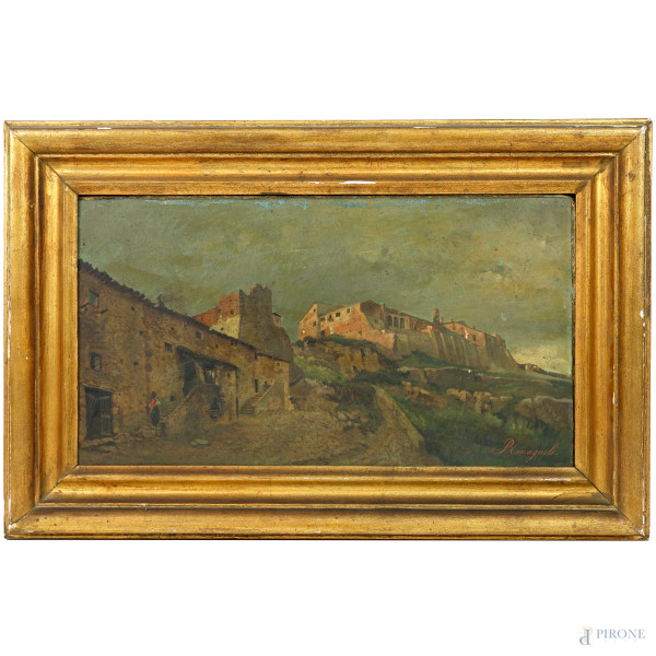 Scorcio di Corbara, olio su tavoletta applicata su cartone, firmato in basso a destra Romagnoli, reca iscrizione sul retro con data 1888, cm 31x56, entro cornice