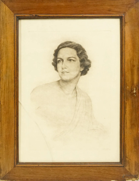 Ritratto di donna, acquaforte su carta, cm 61x42, recante firma a retro Enrico Arcioni, entro cornice, (difetti)