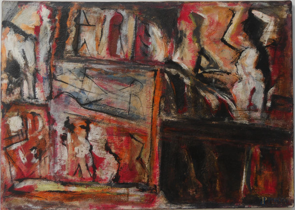 Astratto, XX secolo, olio su tela, cm  50 x 70, firmato al retro