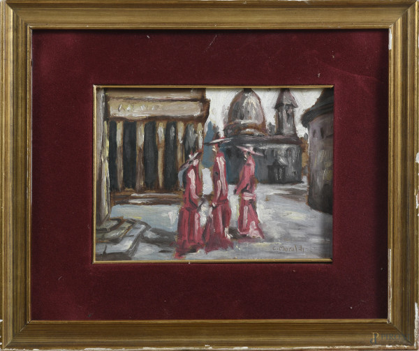 Cardinali a San Pietro, XX secolo, olio su cartone, cm17x22,5, firmato in basso a destra, entro cornice, (sollevamenti e cadute di colore, segni di usura)