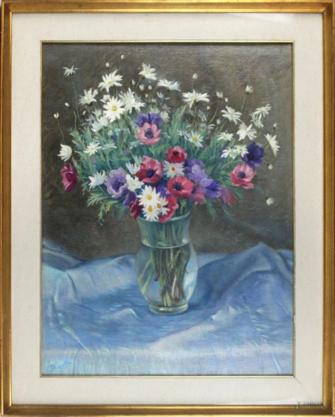 Vaso con fiori, olio su cartone, cm 66x49, firmato Baruffi, entro cornice