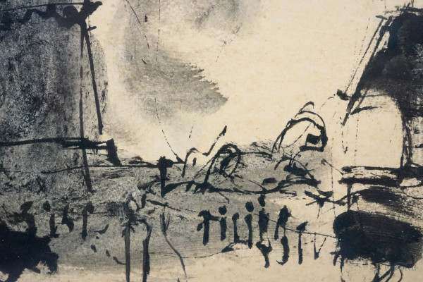 Scorcio di Piazza, inchiostro acquerellato su carta, recante timbro Atelier Crosthwait, cm 34x24 ...