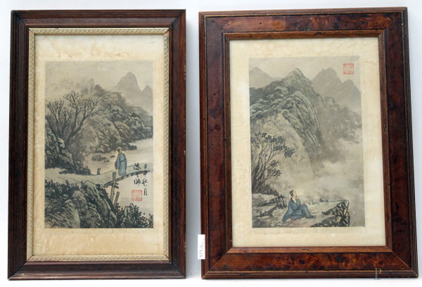 Coppia acquarelli su carta raffiguranti paesaggi con figure, cm 26x17, Giappone XIX sec., entro cornice.