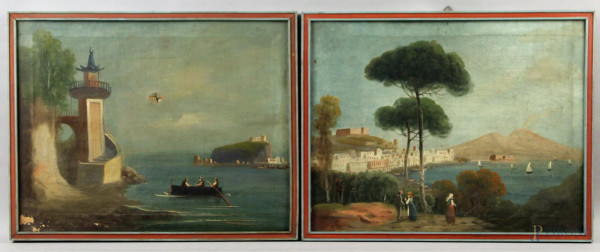 Coppia dipinti raffiguranti soggetti diversi, olio su tela 37x47 cm, primi 900, entro cornici, (difetti sulle tele).