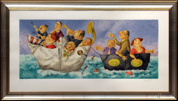 Pino Procopio - Barche con musicisti, litografia, 59x114 cm, entro cornice.
