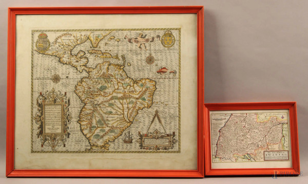 Lotto composto da due antiche stampe raffiguranti cartine geografiche, 44x53 cm, 16,5x22,5 cm, entro cornici.