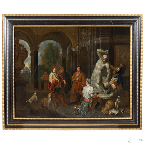 Attribuito a Balthasaar van den Bossche (1681-1715), Interno dell'atelier dello scultore Gabriel Grupello, olio su tela, cm 67x85, entro cornice