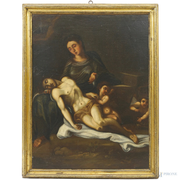 Copia da Annibale Carracci (1590-1609), Pietà, olio su tela, cm 86x67, entro cornice