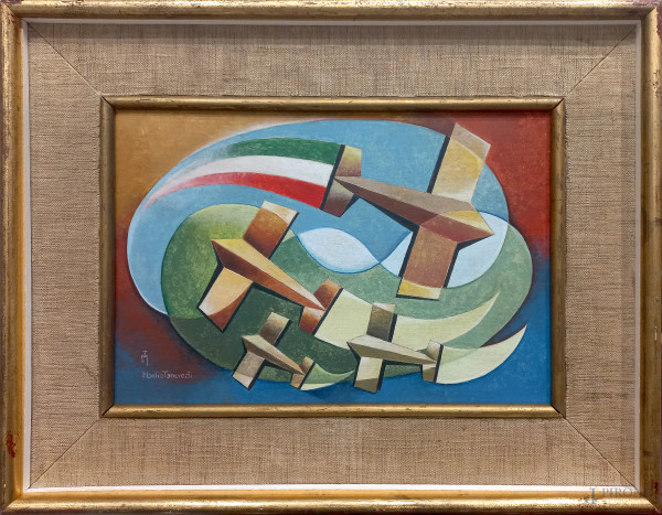 Manlio Tancredi (XX sec.) Aeropittura, tecnica mista su tavola, cm 33x22, firmato, entro cornice