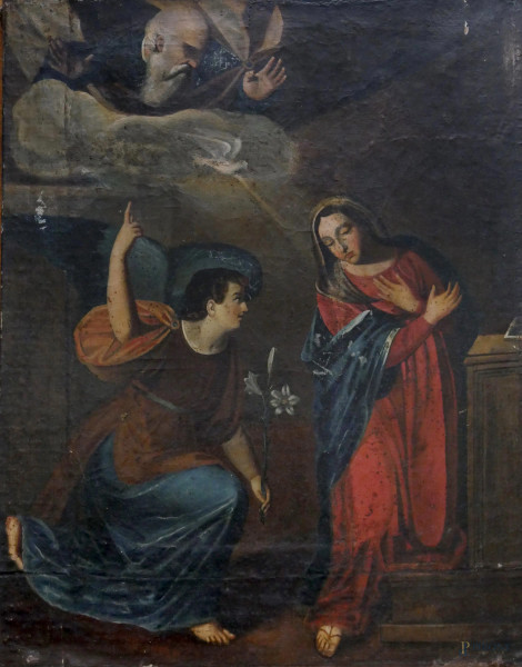 Annunciazione, dipinto di scuola napoletana del 700, olio su tela cm 50 X 57,5.