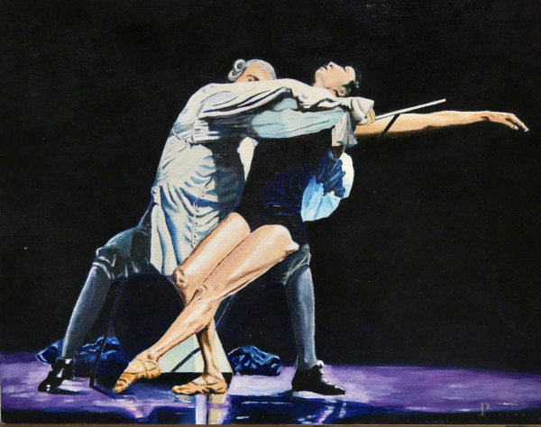 Ballerini, dipinto a olio su cartone, cm 50x40, firmato a tergo, entro cornice.