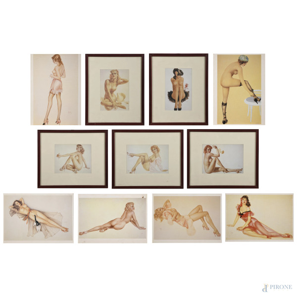 Lotto di 11 cartoline raffiguranti nudi femminili da Vargas, di cui 5 entro cornice, misure massime cm 13x18, (segni di usura, tracce di umidità, difetti)