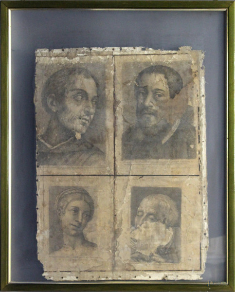 Lotto composto da quattro incisioni raffiguranti personaggi storici, XVII sec., cm 80 x 65, entro unica cornice.