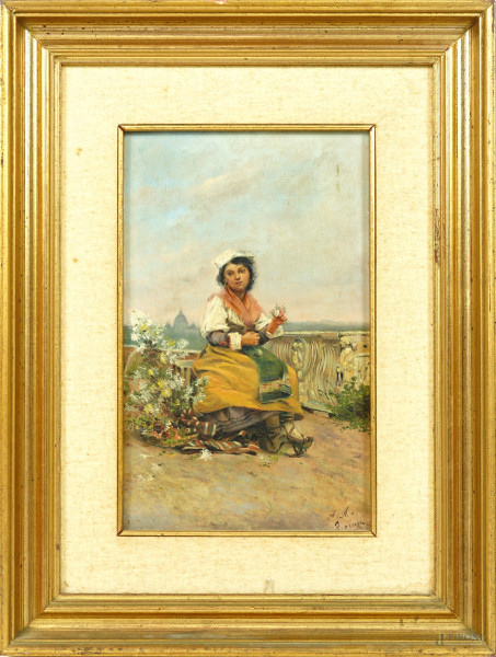 Donna romana, olio su tavola, siglato A.A., cm 28x18,5, entro cornice