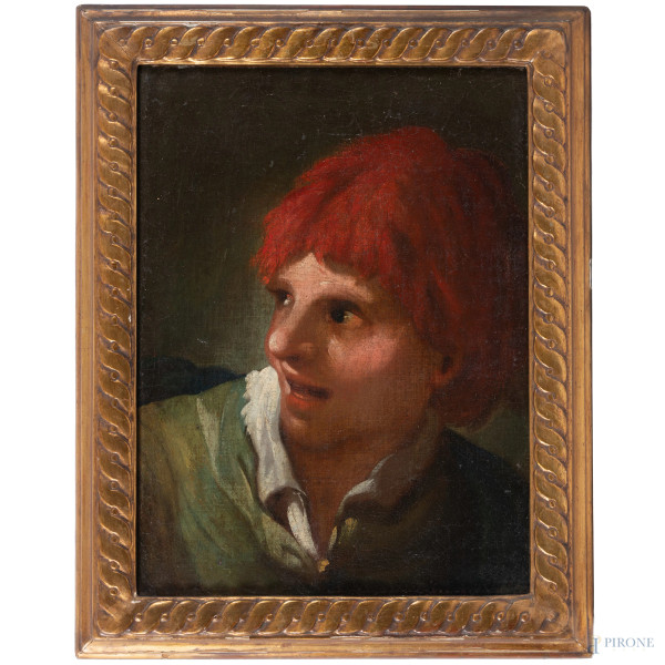 Figura virile con parrucca rossa, XVIII secolo, olio su tela, cm 45x33, entro cornice, (craquelure)