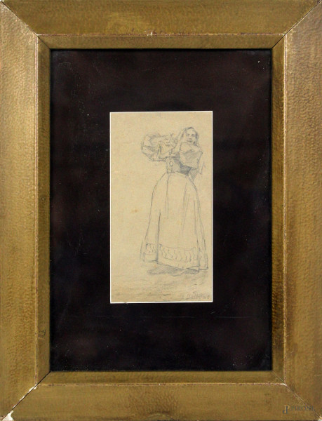 Popolana, matita su carta, cm. 16,5x9, firmato E. Dalbono, entro cornice.