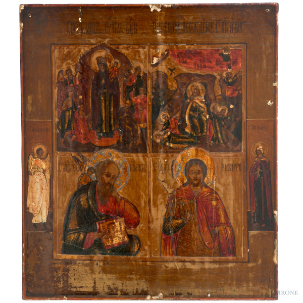 Icona russa, tecnica mista su legno, XIX- XX secolo, cm 36x31, (difetti e cadute di colore)