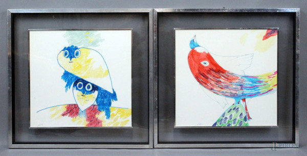 Lotto di due dipinti raffiguranti volatili , tecnica mista su carta riportata su tela, cm 40x38, firmati, entro cornici