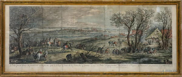 Jan van Huchtenburg (1647-1733) e Adrien François Baudouins (1644-1719), Dole prise dans la premiere conqueste que le Roy a faite de la franche Comté, incisione, cm  54x140, entro cornice, (difetti).