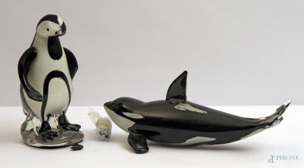 Orca e Pinguino, sculture in vetro di Murano, (uno difetti).