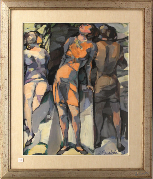 Umberto Rambaldi - Tre figure, olio su tela, cm 60x50, entro cornice.
