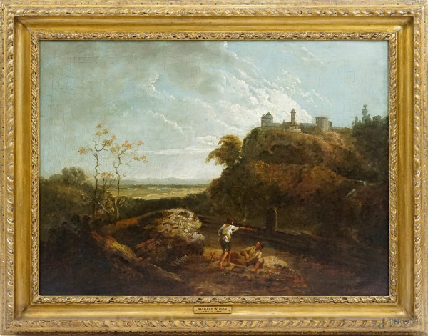 Pittore inglese attivo a Roma tra il XVIII e il XIX secolo, Paesaggio laziale con il tempio della Sibilla, olio su tela, cm 67x49,5, entro cornice