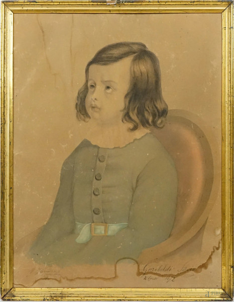 Ritratto di bambina, carboncino e acquarello su carta, cm 60,5x47, firmato, entro cornice, (macchie e difetti).