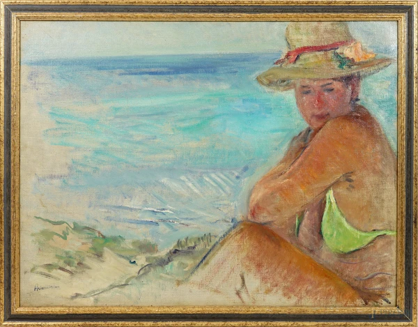 Donna in spiaggia, olio su tela, firmato, cm 60x80, entro cornice