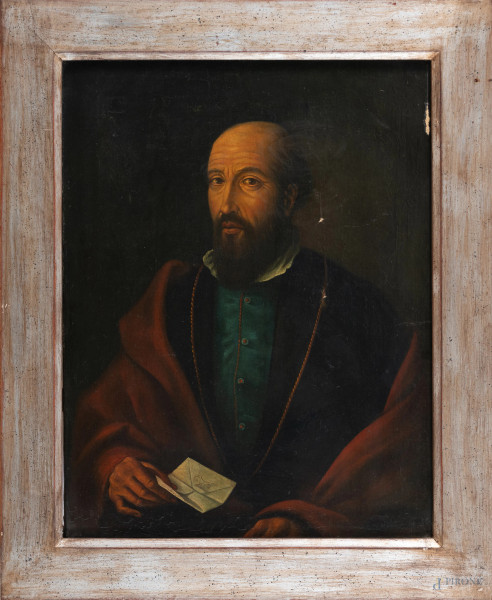 Ritratto di gentiluomo, XIX secolo, olio su tela, cm 78x61, entro cornice, (segni d usura, cadute di colore)