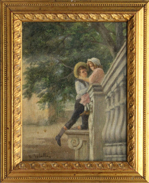 Scena romantica, olio su tela riportato su cartoncino , 25x19 cm, firmato entro cornice