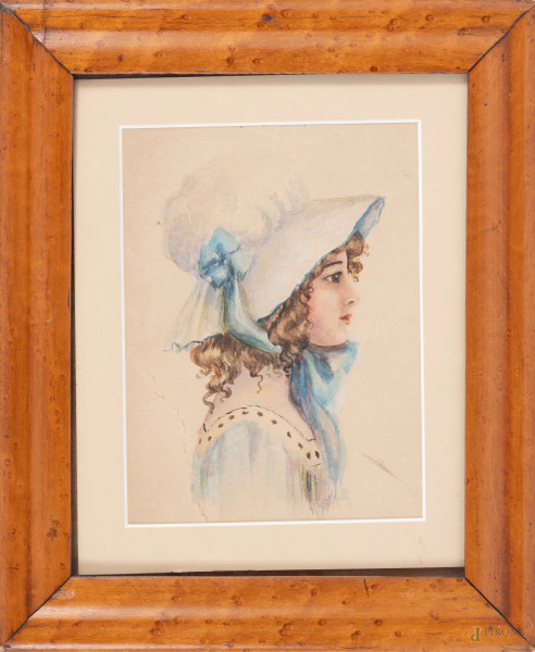 Profilo di fanciulla con cappello, XIX-XX secolo, tecnica mista su carta, cm 20x15, entro cornice, (strappi, ossidazione della carta)