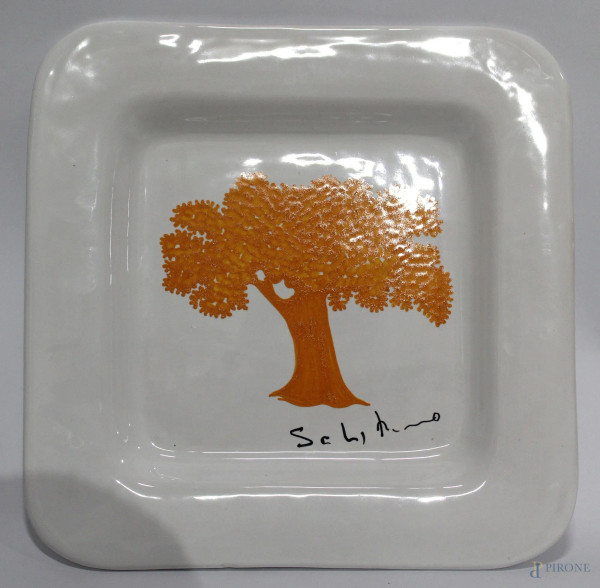 Mario Schifano - Multiplo in ceramica soggetto di albero arancione, marcato Deruta sul retro, tir.33/250
