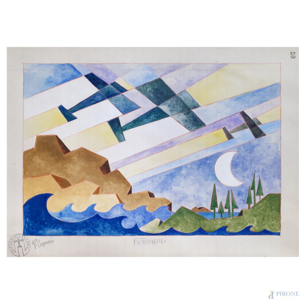Vittorio Caproni (XX sec.), Futuraerei, tecnica mista su carta, cm 23x33, firma, titolo e timbro ...