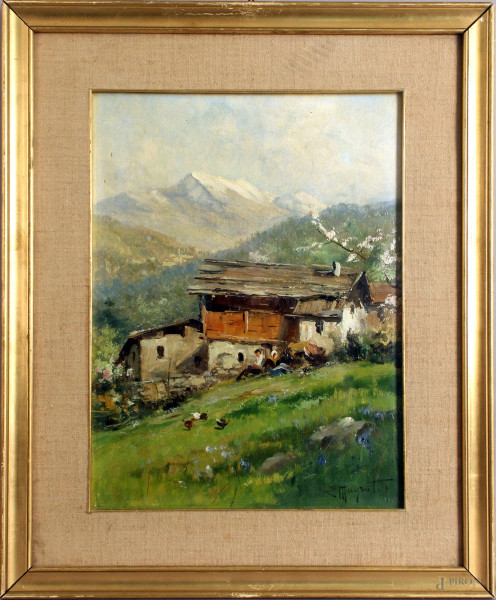 Ercole Magrotti - Paesaggio montano con casolare, olio su tavola, cm. 39x29, entro cornice.