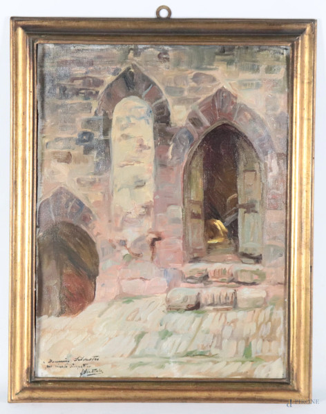 Ferruccio Scattola, Scorcio di paese, olio su tela, cm 51x38, firmato in basso a sinistra, entro cornice, (ondulazioni della tela, segni di piegatura, abrasioni)